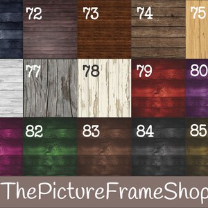 May include: A selection of wood textures in various colors, including dark blue, brown, and white. The image displays numbered samples of different wood grain patterns, with the text "The Picture FrameShop" at the bottom.
