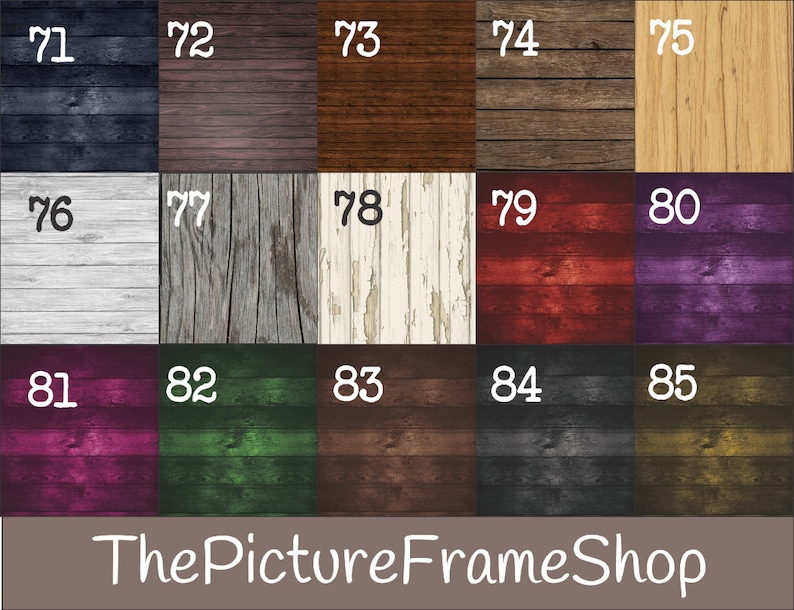 May include: A selection of wood textures in various colors, including dark blue, brown, and white. The image displays numbered samples of different wood grain patterns, with the text "The Picture FrameShop" at the bottom.