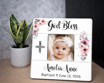 Personalized Baptism Gift, Wood Picture Frame, God Bless