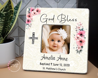 Baptism Gift Girl, Personalized Wood Frame, God Bless Keepsake