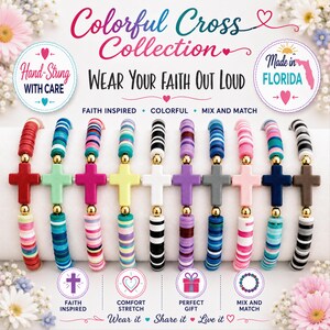 May include: A collection of ten stretch bracelets featuring colorful polymer clay disc beads and a central cross charm. Each bracelet includes gold-tone spacer beads. The text reads: Colorful Cross Collection, Wear Your Faith Out Loud, Made in Florida.