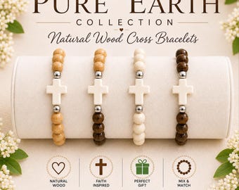 wood Cross Bracelet: Wooden Beads, Bohemian Style, Easter Christmas Gift, Religious, HANDMADE