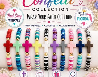 Cross Bracelet: Colorful Heishi Beads, First Communion Gift