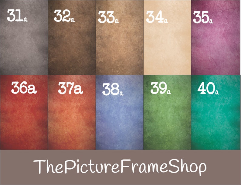 May include: A chart of 10 different coloured textured backgrounds with the numbers 31a through 40a labelled on each.
