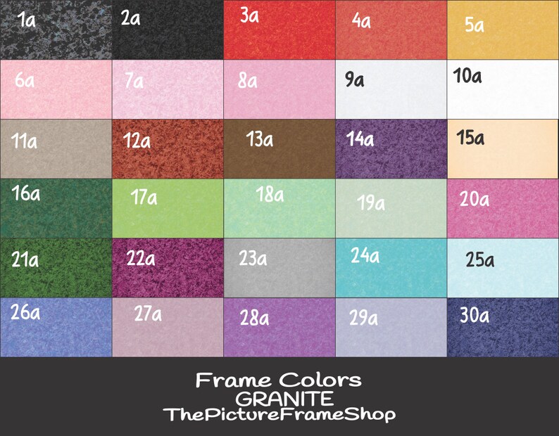 May include: A color chart displaying 30 granite frame color options. The chart includes a variety of colors, from black and gray to pink, green, and blue. The text "Frame Colors GRANITE ThePictureFrameShop" is at the bottom.