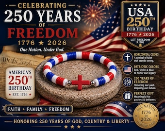 Patriotic Red White and Blue Cross Bracelet: Americas 250  Anniversary, Colorful Heishi Beads, USA pride