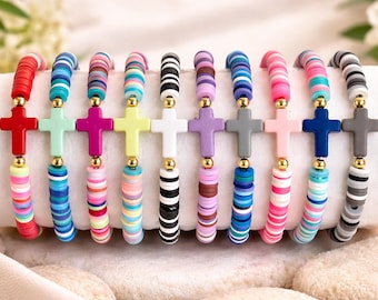 Cross Bracelet: Colorful Heishi Beads, First Communion Gift