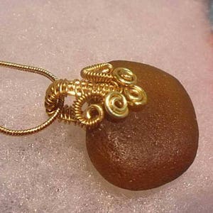 Rich Brown Sea Glass Necklace with Gold Plated Woven Wire image 3