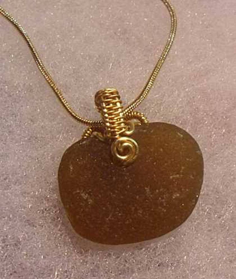 Rich Brown Sea Glass Necklace with Gold Plated Woven Wire image 4