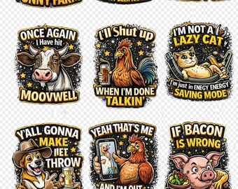 May include: A collection of nine humorous sticker designs featuring cartoon animals. The stickers include a donkey, pig, cow, rooster, cat, dog, and pig, each with a unique phrase. The color palette includes yellow, brown, and red.