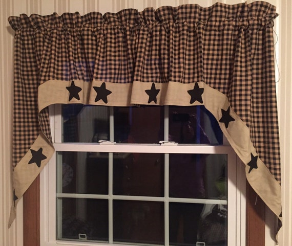 Black Tan Check Swag Curtains Featuring Barn Stars Etsy