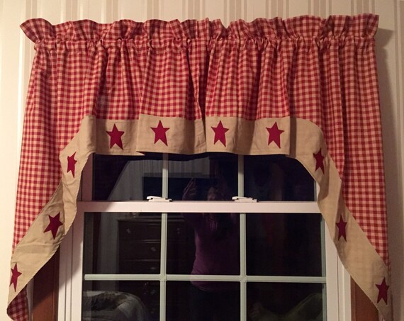 Red Tan Check Swag Curtains Featuring Barn Stars Etsy