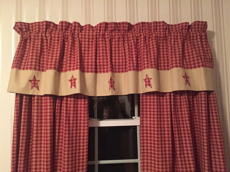 CranberryTan Check Valance w Teastain Border and Primitive Check Stars-With or Without Matching Straight