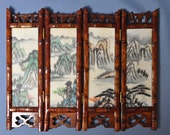 Fine old chinese porcelain hand painted inset table screen in bamboo 4 panels DSC_00902
