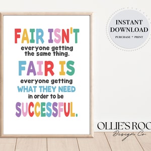 Fair isn&#39;t the same thing Print, Digital Growth Mindset Poster, Class Values Print, Rainbow Class Decor, Teacher Printable, Inclusion Print