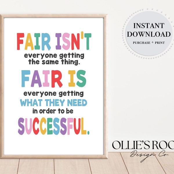 Fair isn't the same thing Print, Digital Growth Mindset Poster, Class Values Print, Rainbow Class Decor, Teacher Printable, Inclusion Print