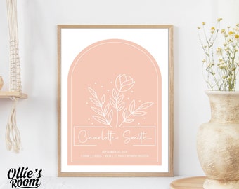 Peach Boho Floral Arch Birth Print | Newborn Print | Nursery Wall Art | Personalised Newborn Print | Baby Birth Print | Birth Details Print