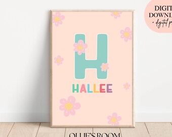 Floral Retro Personalised Name Print, Abstract Name Printable, Floral Frame Name Print, Custom Name Print, Nursery Wall Art
