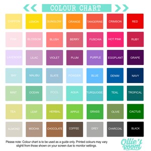 May include: A color chart with 36 color swatches, each labeled with a color name. The colors are arranged in rows and columns, with the names of the colors printed below each swatch. The chart is titled "Colour Chart".