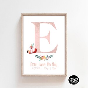 Impressão de carta personalizada de nascimento, raposa em aquarela para impressão, impressão de nascimento de meninas, arte personalizada, imprima você mesmo, arte de berçário, para impressão