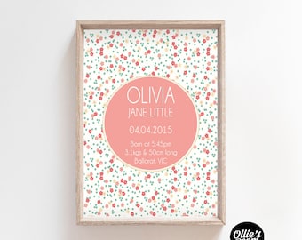 Floral Birth Print, Birth Print, Floral Peach Print, Print Yourself, Nursery Wall Art, Floral Kids Decor