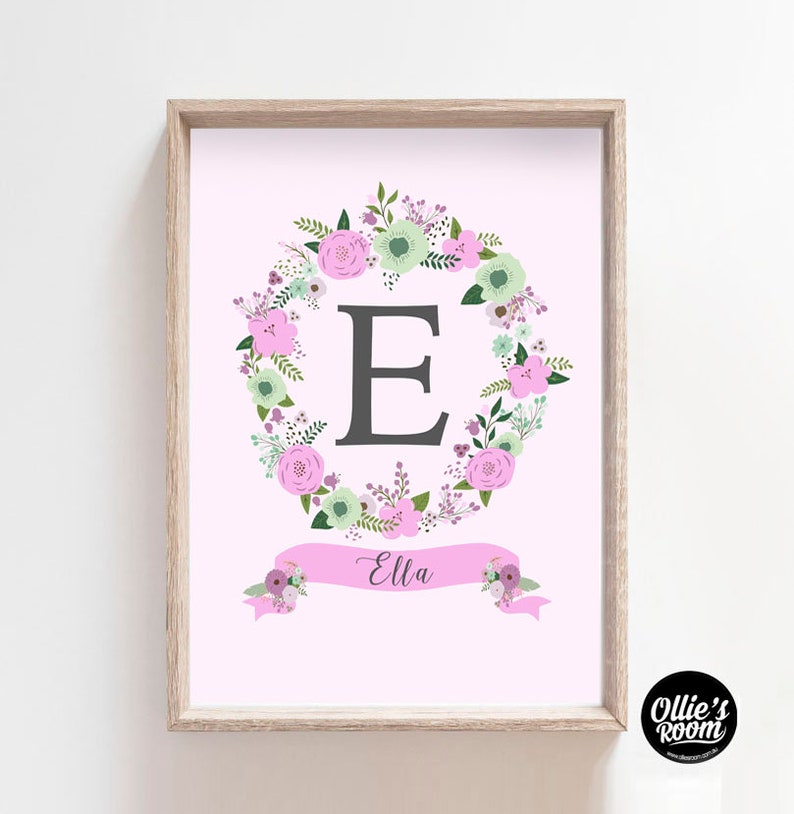 May include: A pink floral wreath with a gray letter E in the center. A pink banner with the name "Ella" is below the wreath.