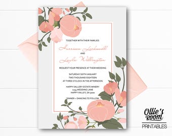 Peach Floral wedding invitation, Wedding Invitation Printable, Wedding invitations set printable, Printable invitations