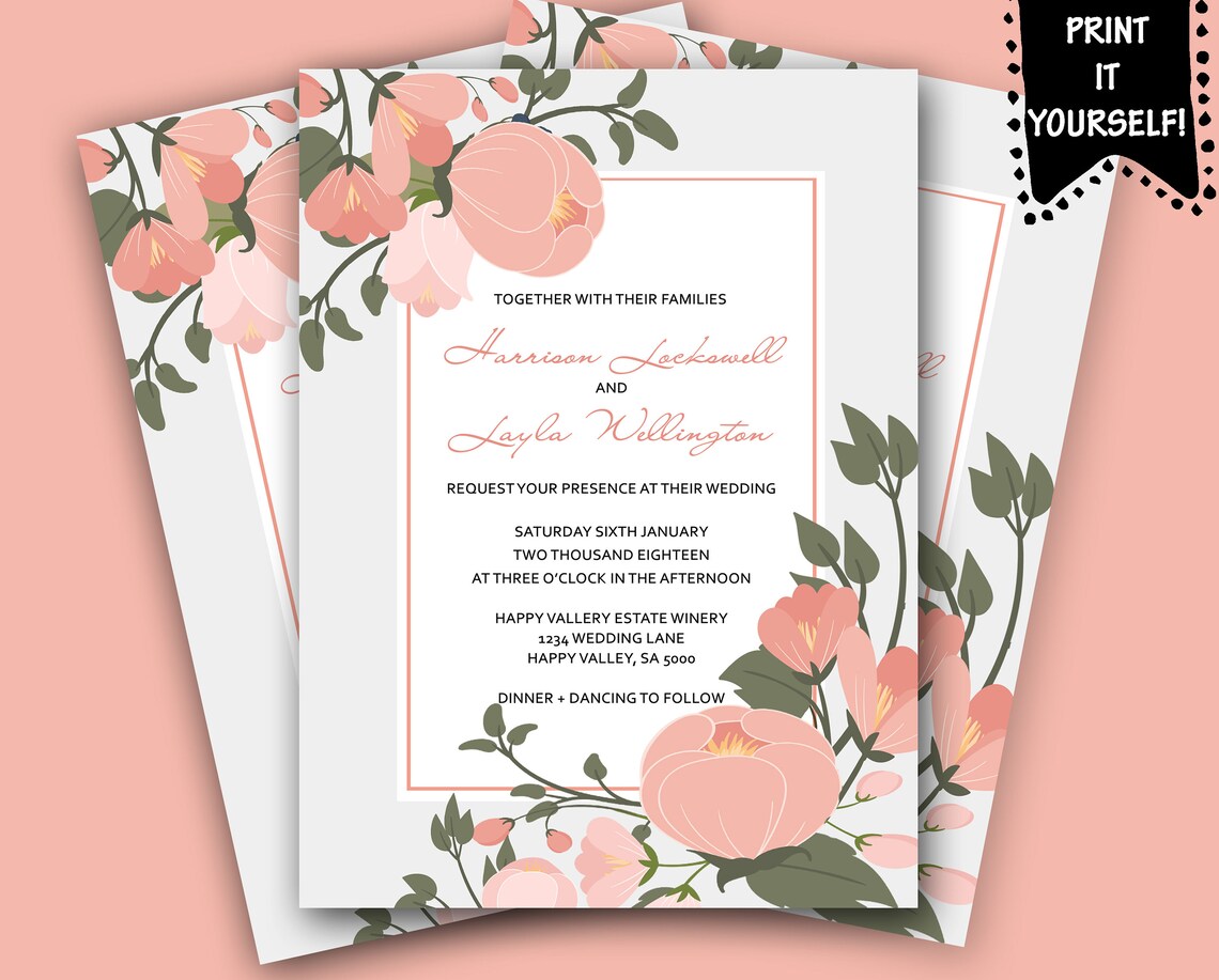 Peach Floral wedding invitation Wedding Invitation Printable Etsy