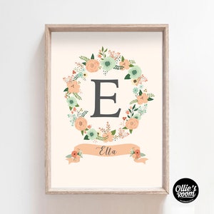 May include: A printable nursery art print featuring a floral wreath with the letter E in the center and the name Ella on a banner below. The wreath is made up of peach, green, and white flowers.