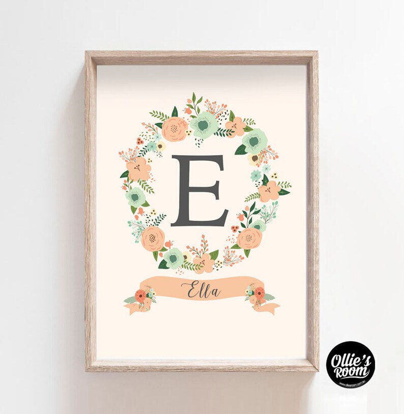 May include: A printable nursery art print featuring a floral wreath with the letter E in the center and the name Ella on a banner below. The wreath is made up of peach, green, and white flowers.