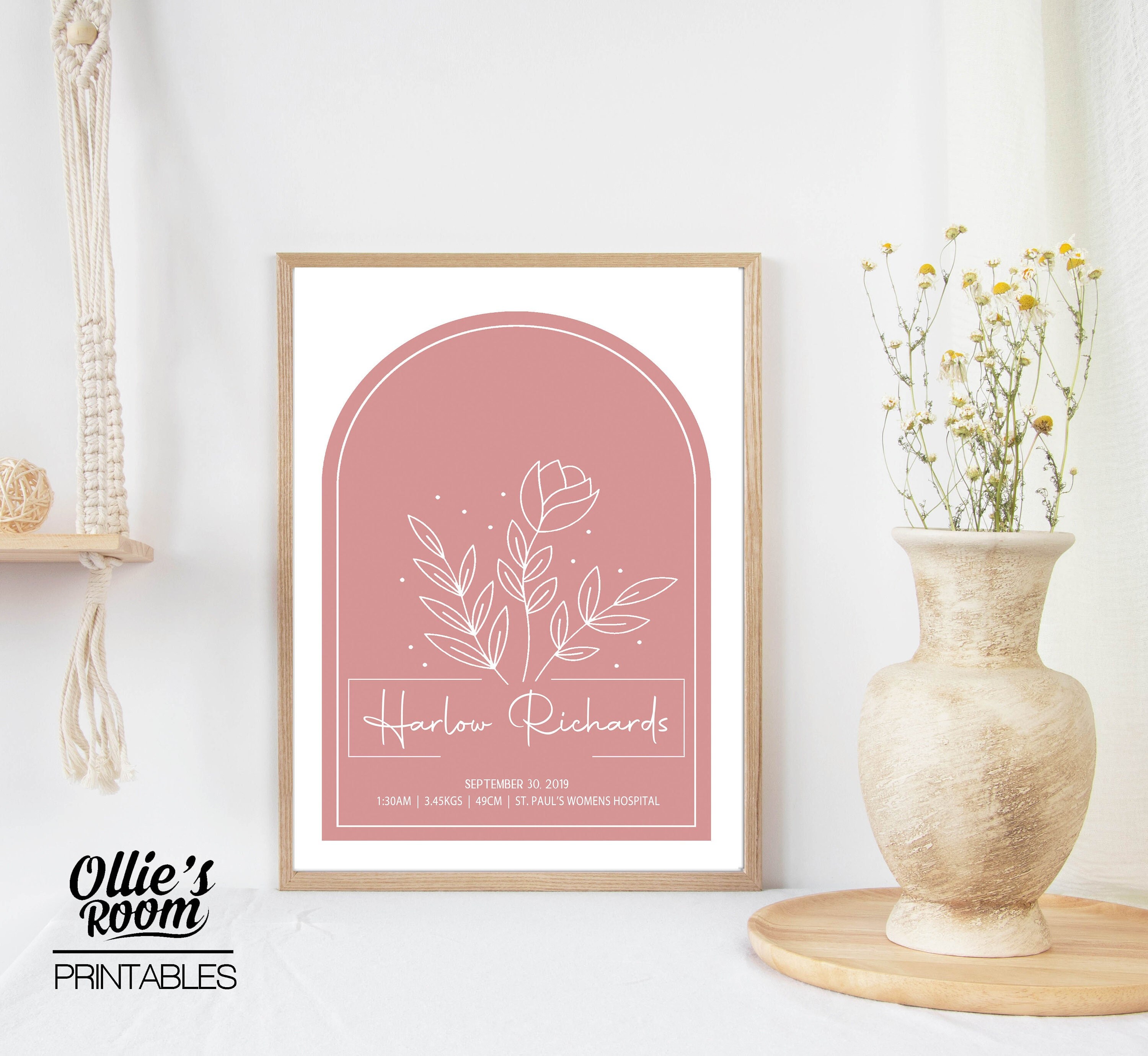 Dusty Pink Boho Floral Arch Birth Print | Newborn Print | Digital Nursery Wall Art | Personalised l Print | Baby Birth Print | Birth Details