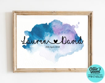Custom Wedding Engagement Couple Heart Print, Digital Wedding Print,  Watercolour Name Print, Wedding or Engagement Present, Digital Print