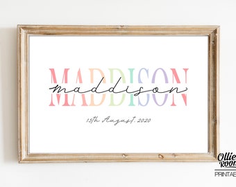 Girls Personalised Name Print, Colourful Kids Name Print, Print Yourself, Rainbow Print, Birth Print, Kids Art, Boys Name Print, Name Art