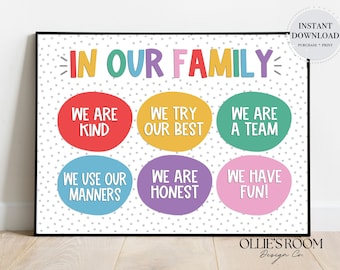 En nuestra familia cartel, cartel de expectativas familiares, impresión de reglas familiares, impresión de valores familiares, valores familiares digitales, cartel de valores del hogar