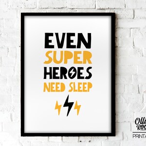 Even Superheroes Need Sleep Print | Digital Superhero Decor | Yellow Black Superhero Printable | Digital wall art | Kids Wall Art