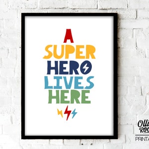 A superhero lives here Print Colour | Digital Superhero Decor | Yellow Black Superhero Printable | Digital wall art | Kids Wall Art