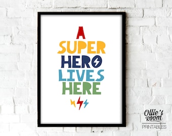 A superhero lives here Print Colour | Digital Superhero Decor | Yellow Black Superhero Printable | Digital wall art | Kids Wall Art
