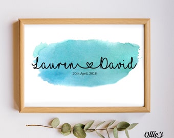 Custom Wedding Engagement Couple Heart Print, Digital Wedding Print,  Watercolour Name Print, Wedding or Engagement Present, Digital Print