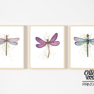 Set of 3 Watercolour Dragonfly Wall Art Prints- Digital prints - Kids Room - Nursery Art - Insect Art - Watercolour Print - Dragonfly Pink