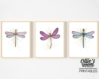 Set of 3 Watercolour Dragonfly Wall Art Prints- Impresiones digitales - Kids Room - Nursery Art - Insect Art - Watercolour Print - Dragonfly Pink