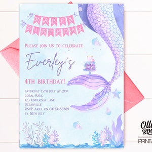 Digital Mermaid Birthday Invitation | Ocean Invite | Mermaid Birthday | Birthday Invitation Printable | Watercolour Mermaid