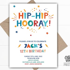 Hip Hip Hooray Birthday Invitation | digital invite | teen birthday | boys birthday | digital template