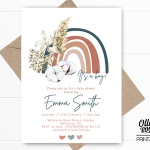 Boho Rainbow Baby Shower Invitation, Oh baby invitation, floral baby shower, its a boy, boho invitation