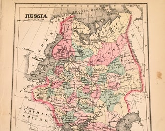 1857 Map of Russia, Original Hand-Colored Map, Small Antique Map by Gaston