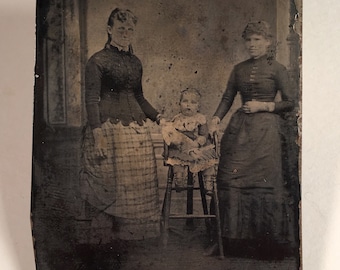Tintype of Ladies with Their Little Girl and Her Doll, 19th Century Antique Photo, Tintype Photograph