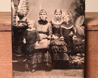Tintype of Two Women and their Creepy Kids, 19th Century Photograph, Antique Tintype Photo