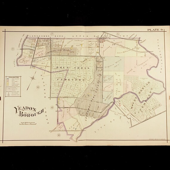 Original 1909 Map of Yeadon Borough Pennsylvania Antique Hand Etsy