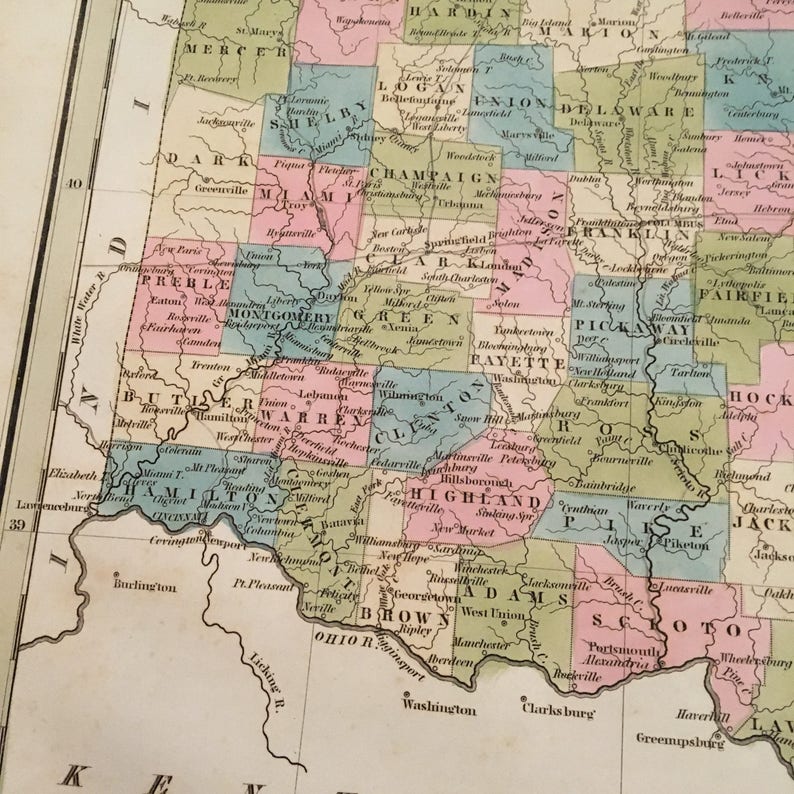 1842 Bradford Map of Ohio Original Hand Colored Antique Map Etsy