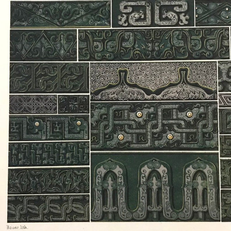 Original 1877 Print Chinese Ornaments in Bronze L/'Ornament Polychrome 19th Century Chromolithograph by Racinet