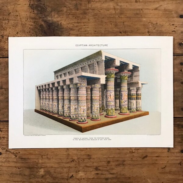 Antique Egyptian Architecture Print, Original 1902 Color Lithograph of the Temple of Karnak